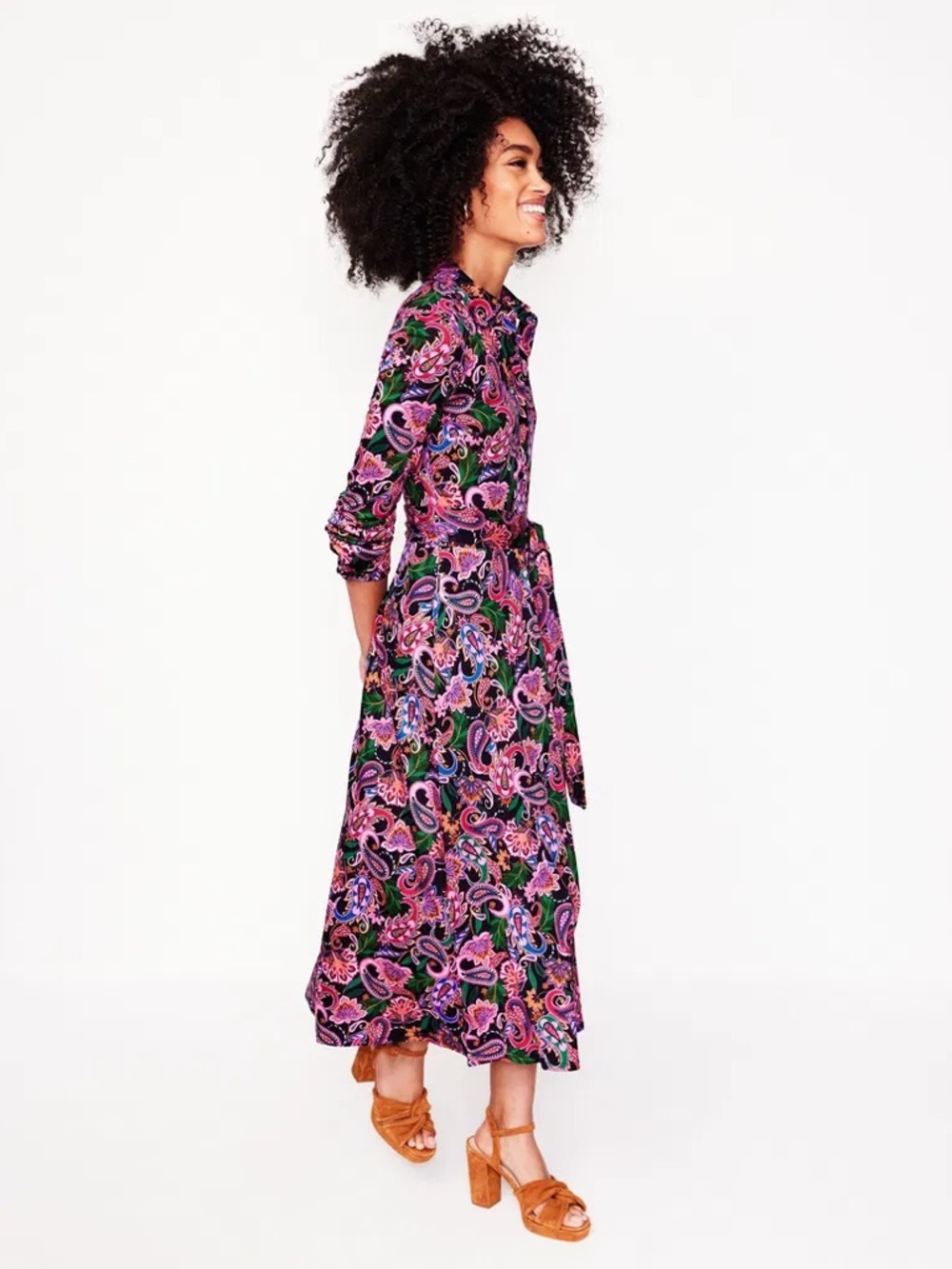 BODEN Marcia Midi Shirt Dress Size 8 Pink Black Paisley Tie Waist - Picture 3 of 15